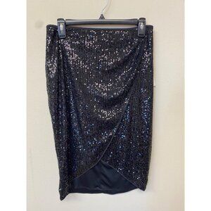 Calvin Klein Women's Black Sequin Pattern Faux Wrap Midi High Low Skirt NWT